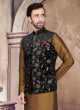 Art Silk Golden Brown And Black Color Nehru Jacket Set.